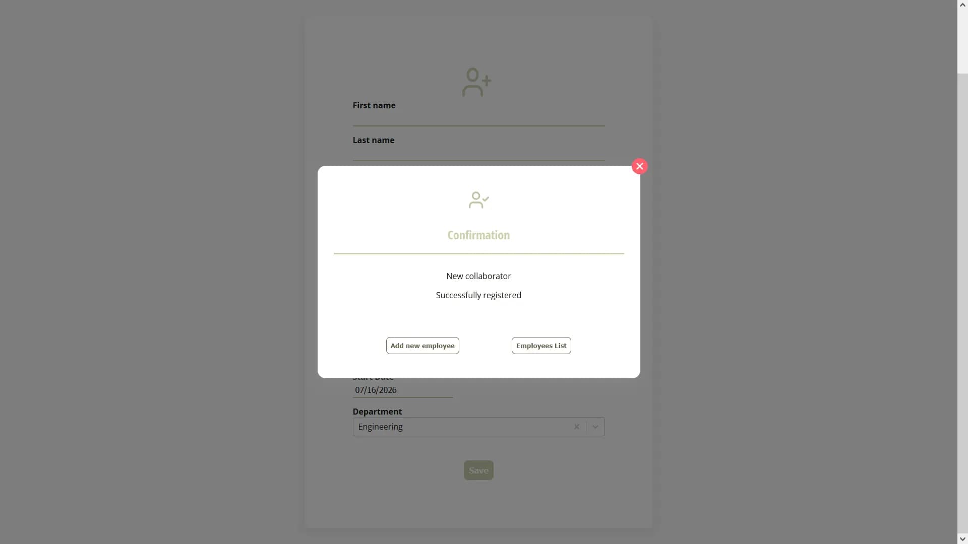 Formulaire de création d'employé WealthHealth